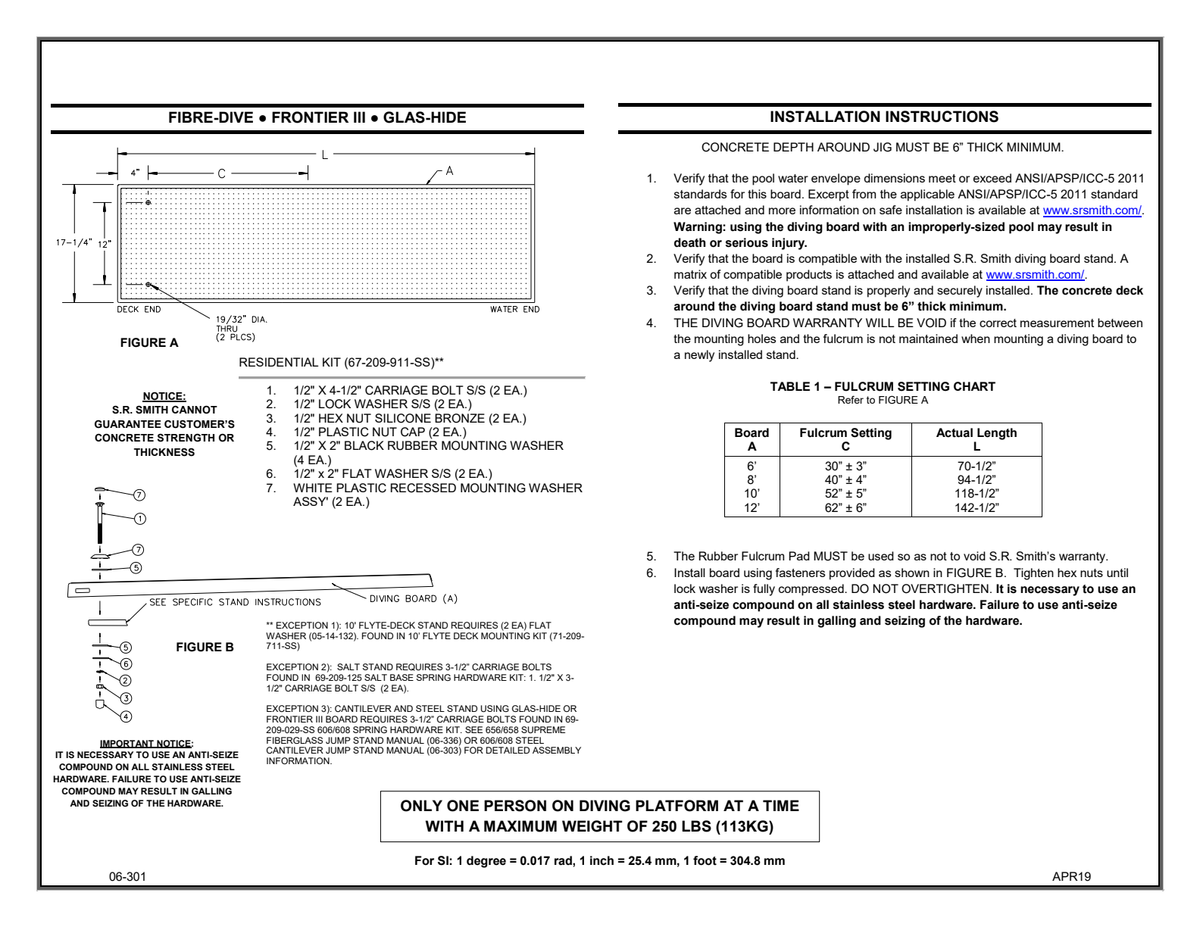 S.R. Smith Fibre-Dive board dimensions, mounting hardware and fulcrum setting diagram