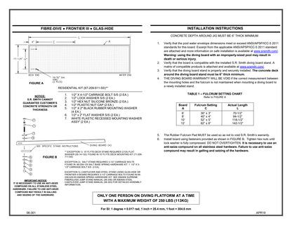 S.R. Smith Fibre-Dive board dimensions, mounting hardware and fulcrum setting diagram