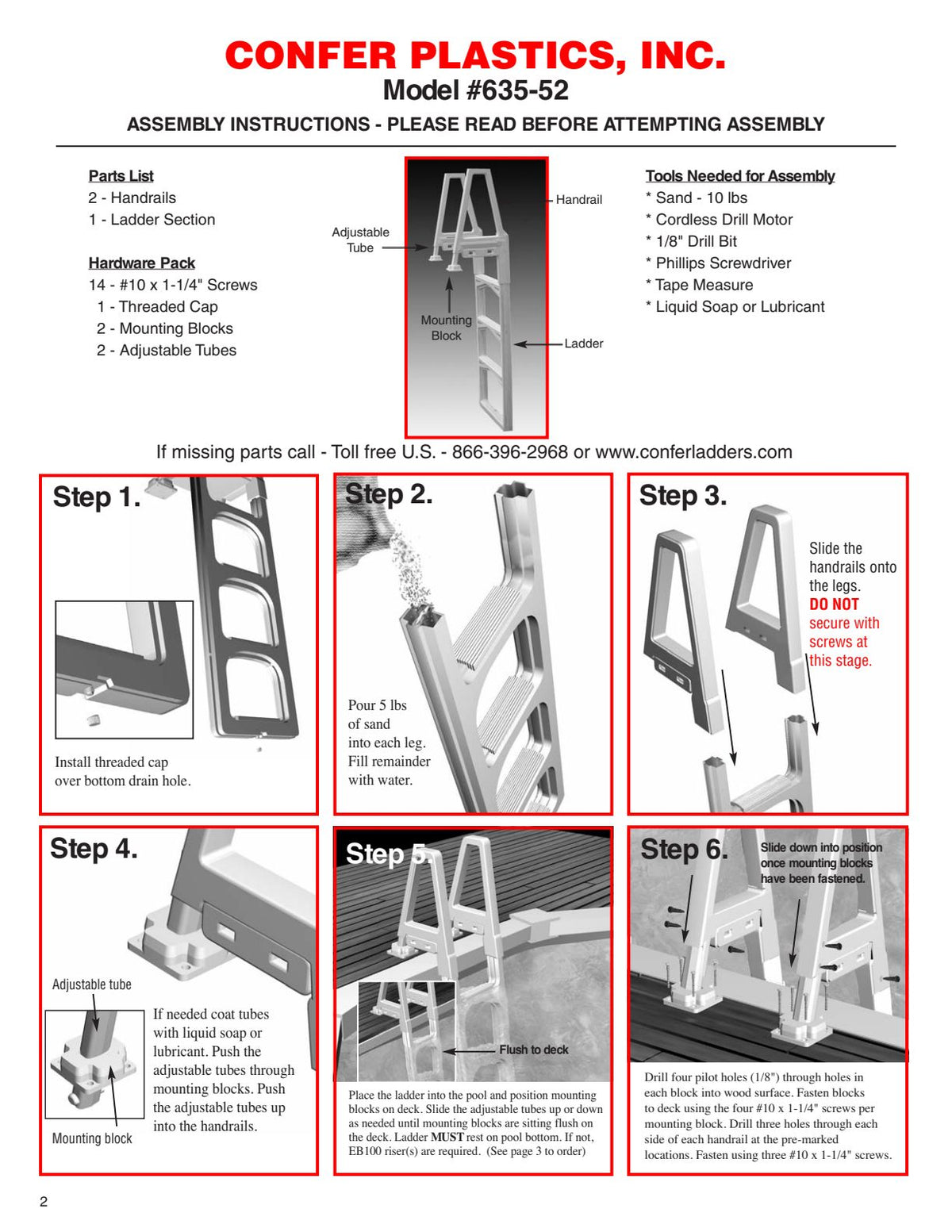 Confer 635-52 in-pool ladder - manufacturer assembly and deck attachment illustrations
