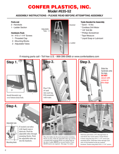 Confer 635-52 in-pool ladder - manufacturer assembly and deck attachment illustrations