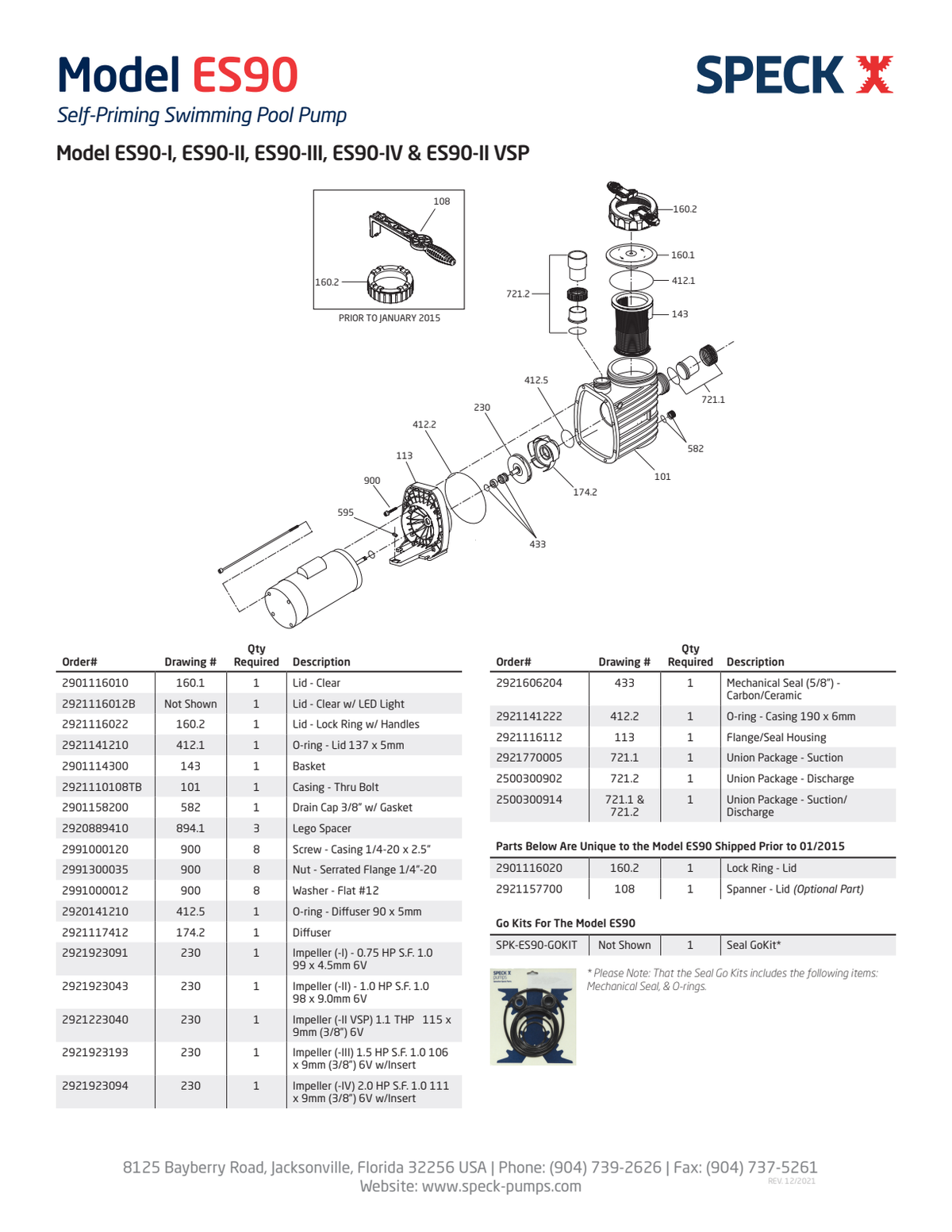 Speck ES90-II VSP exploded pump assembly and component reference