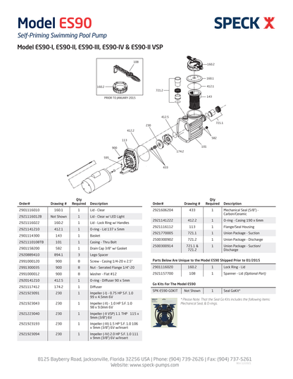 Speck ES90-II VSP exploded pump assembly and component reference