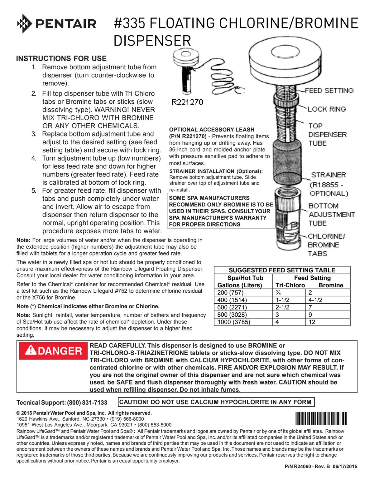 Pentair Rainbow 335 manufacturer exploded dispenser illustration and adjustable feed tube instructions