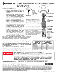 Pentair Rainbow 335 manufacturer exploded dispenser illustration and adjustable feed tube instructions