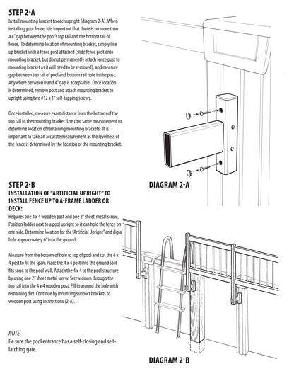 GLI Protect-A-Pool manufacturer pool upright and ladder/deck fence mounting diagrams