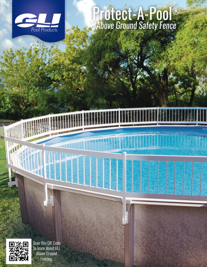 GLI Protect-A-Pool above-ground fence manufacturer installed example; complete fencing layout shown requires multiple kits