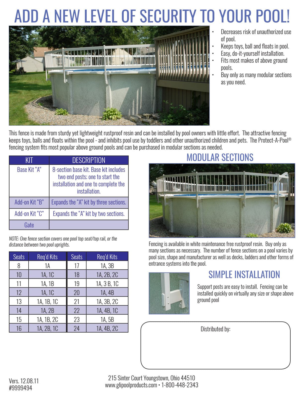 GLI Protect-A-Pool manufacturer modular kit guide showing 8-section base, 3-section and 2-section add-on kits