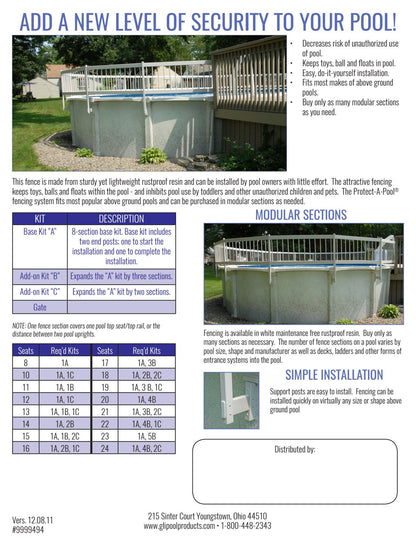 GLI Protect-A-Pool manufacturer modular kit guide showing 8-section base, 3-section and 2-section add-on kits