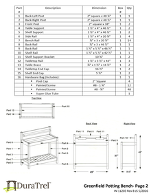 Dura-Trel Greenfield potting bench dimensioned assembly and parts reference