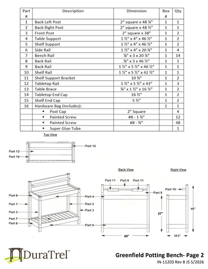 Dura-Trel Greenfield potting bench dimensioned assembly and parts reference