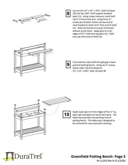 Dura-Trel Greenfield potting bench shelf assembly and removable worktop illustration