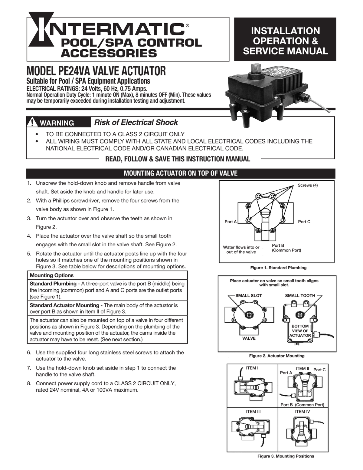 Intermatic PE24VA valve actuator mounting and valve-shaft alignment diagrams
