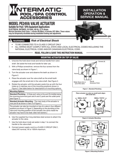 Intermatic PE24VA valve actuator mounting and valve-shaft alignment diagrams