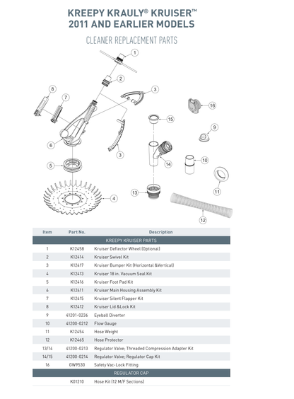 Pentair Kreepy Krauly Kruiser original-model exploded component assembly