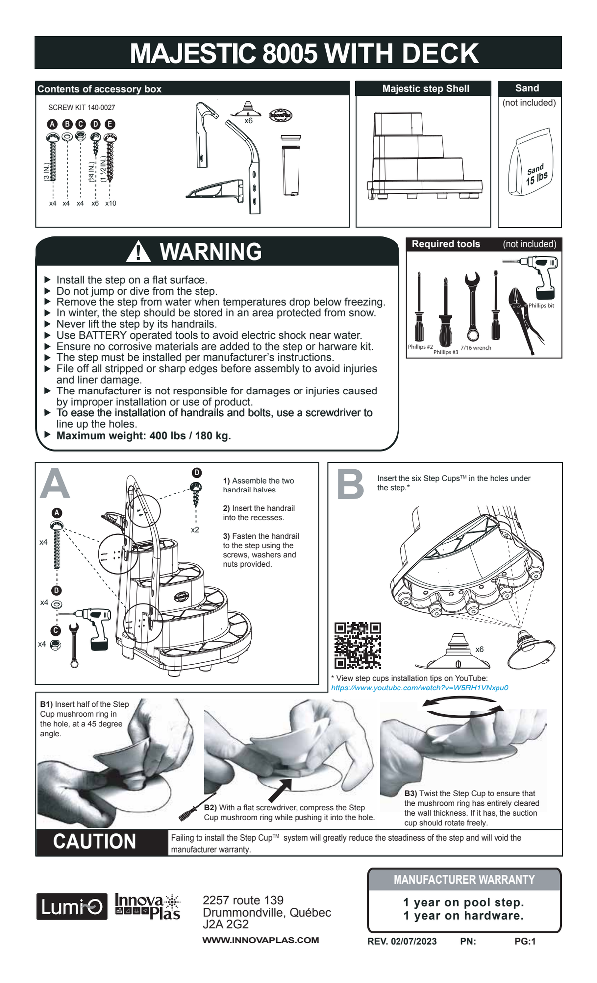 InnovaPlas manufacturer step-cup installation photos and underside placement illustration