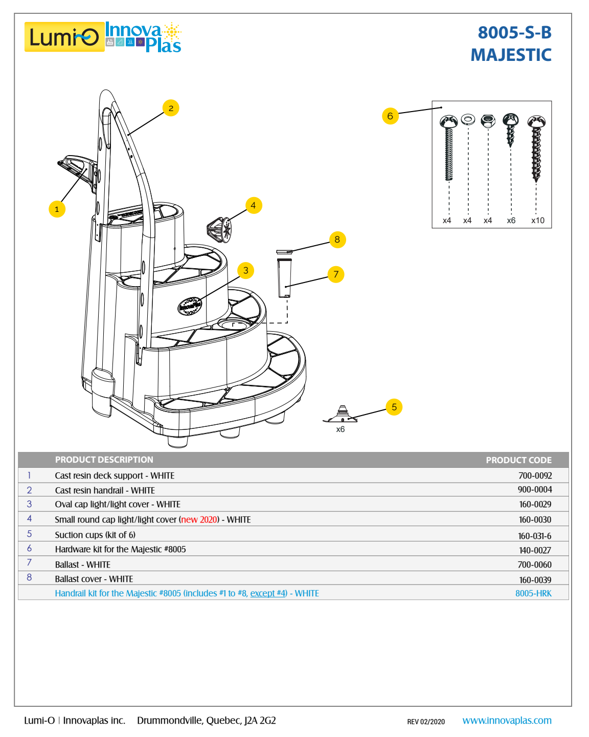 InnovaPlas Majestic 8005 manufacturer component diagram identifying replacement deck support 700-0092; step sold separately