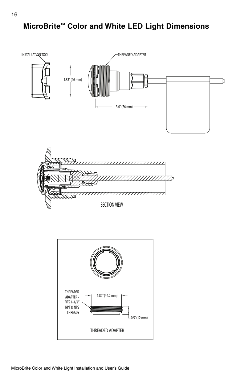 Pentair MicroBrite manufacturer light dimensions, section view and threaded adapter