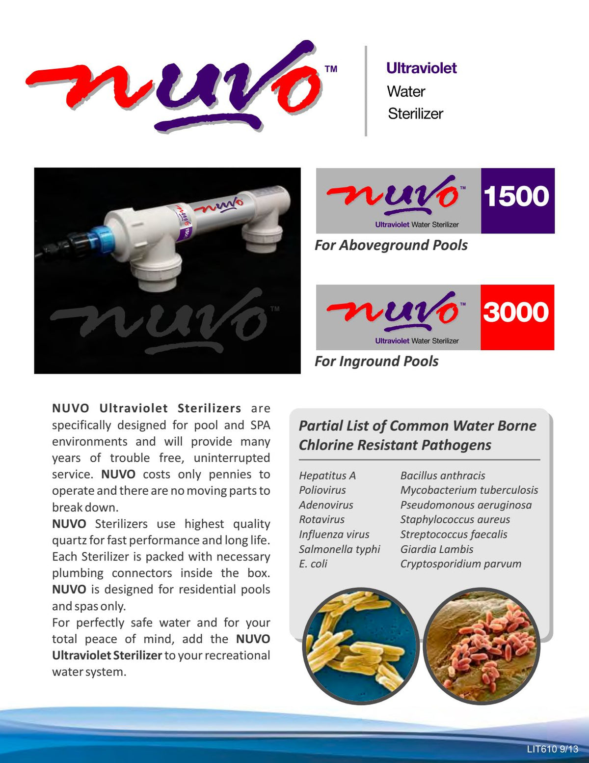Solaxx Nuvo manufacturer brochure showing the UV1500 above-ground and UV3000 in-ground sterilizer models