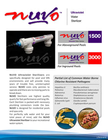 Solaxx Nuvo manufacturer brochure showing the UV1500 above-ground and UV3000 in-ground sterilizer models