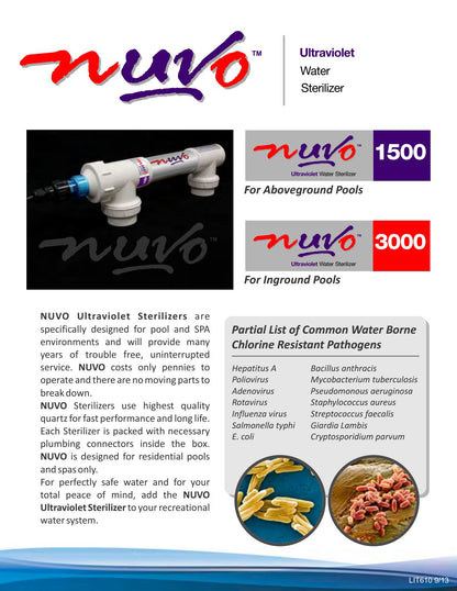 Solaxx Nuvo manufacturer brochure showing the UV1500 above-ground and UV3000 in-ground sterilizer models