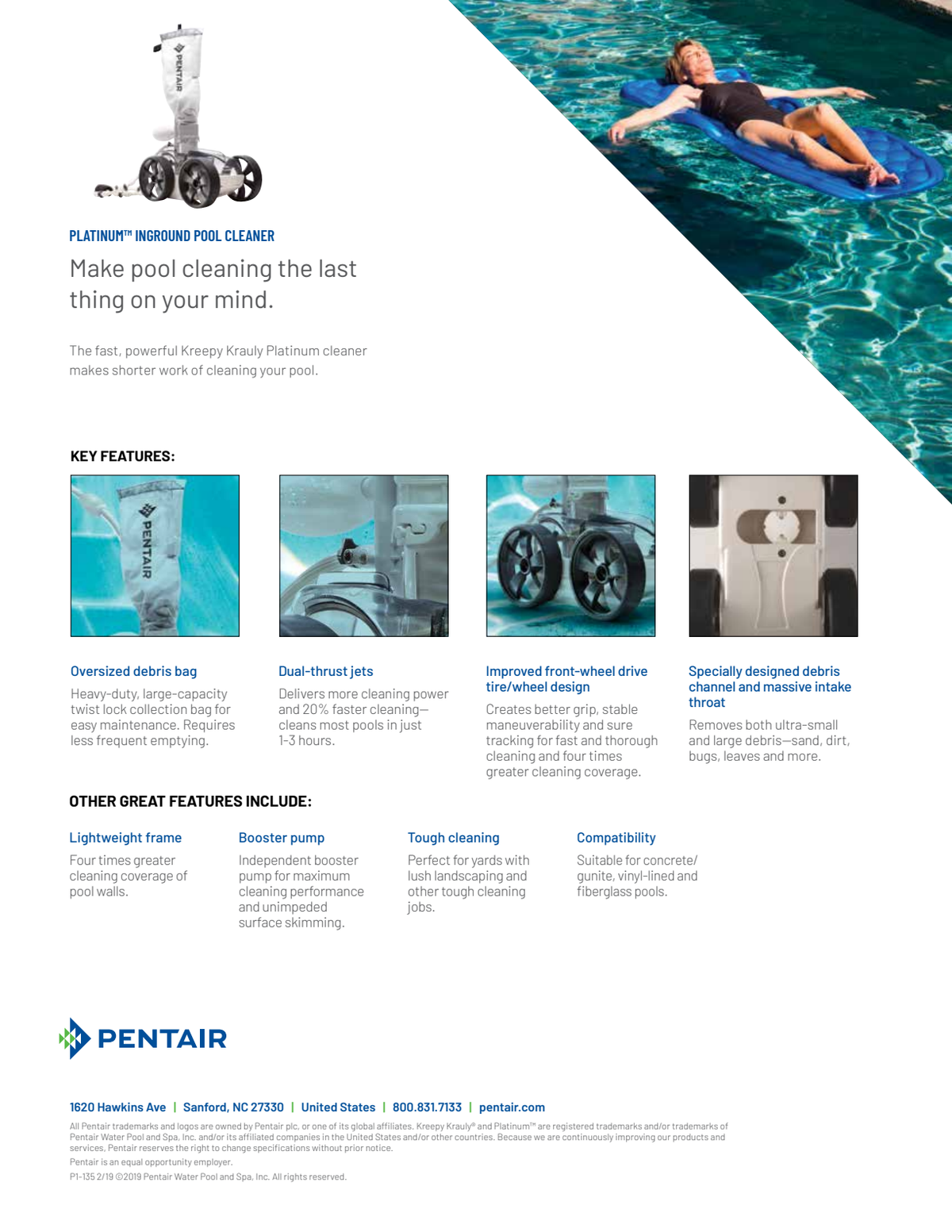 Pentair Kreepy Krauly Platinum in-water features, debris bag, jets, wheels and intake views