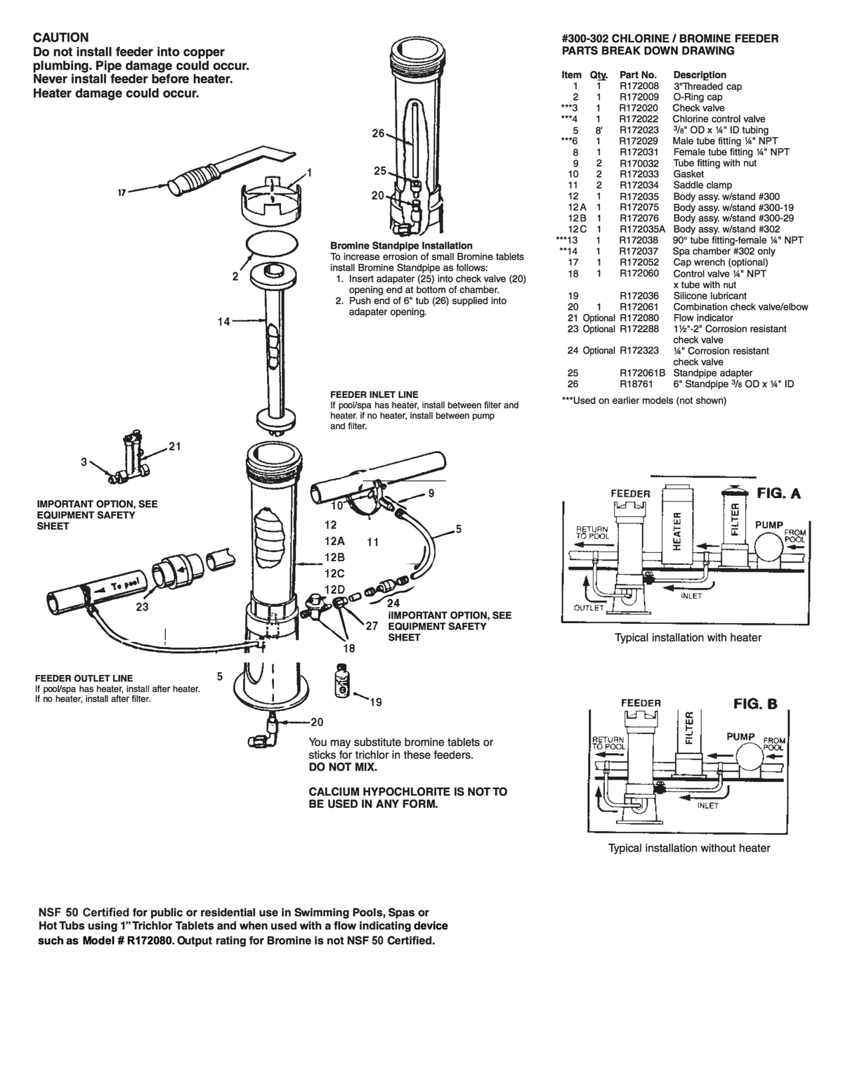 Pentair Rainbow 300 series manufacturer exploded assembly and parts table including 300-29 body option