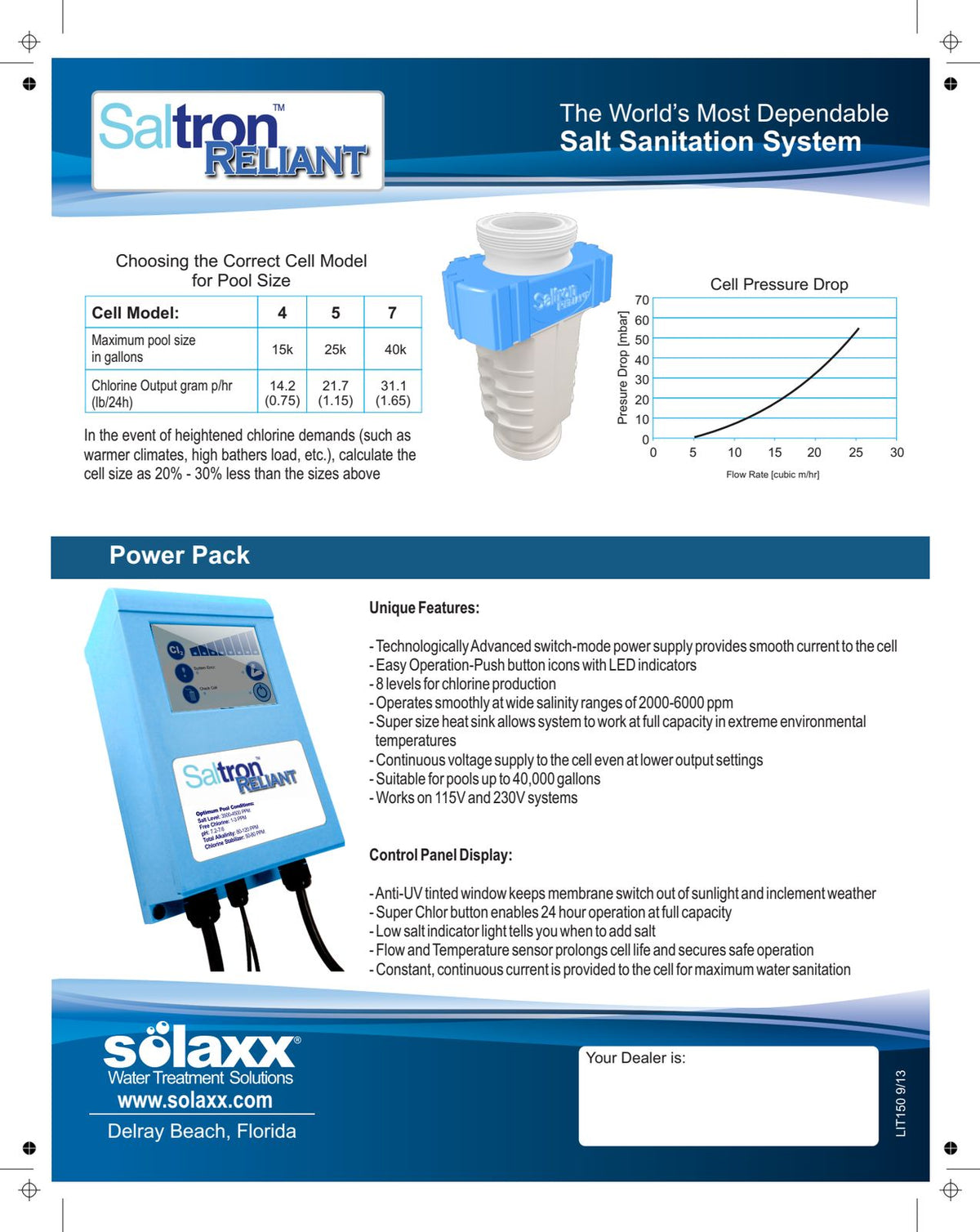 Solaxx Saltron Reliant manufacturer cell model table, pressure drop curve and control panel features