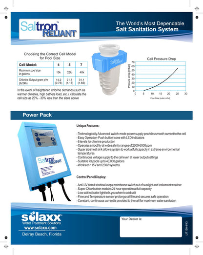 Solaxx Saltron Reliant manufacturer cell model table, pressure drop curve and control panel features