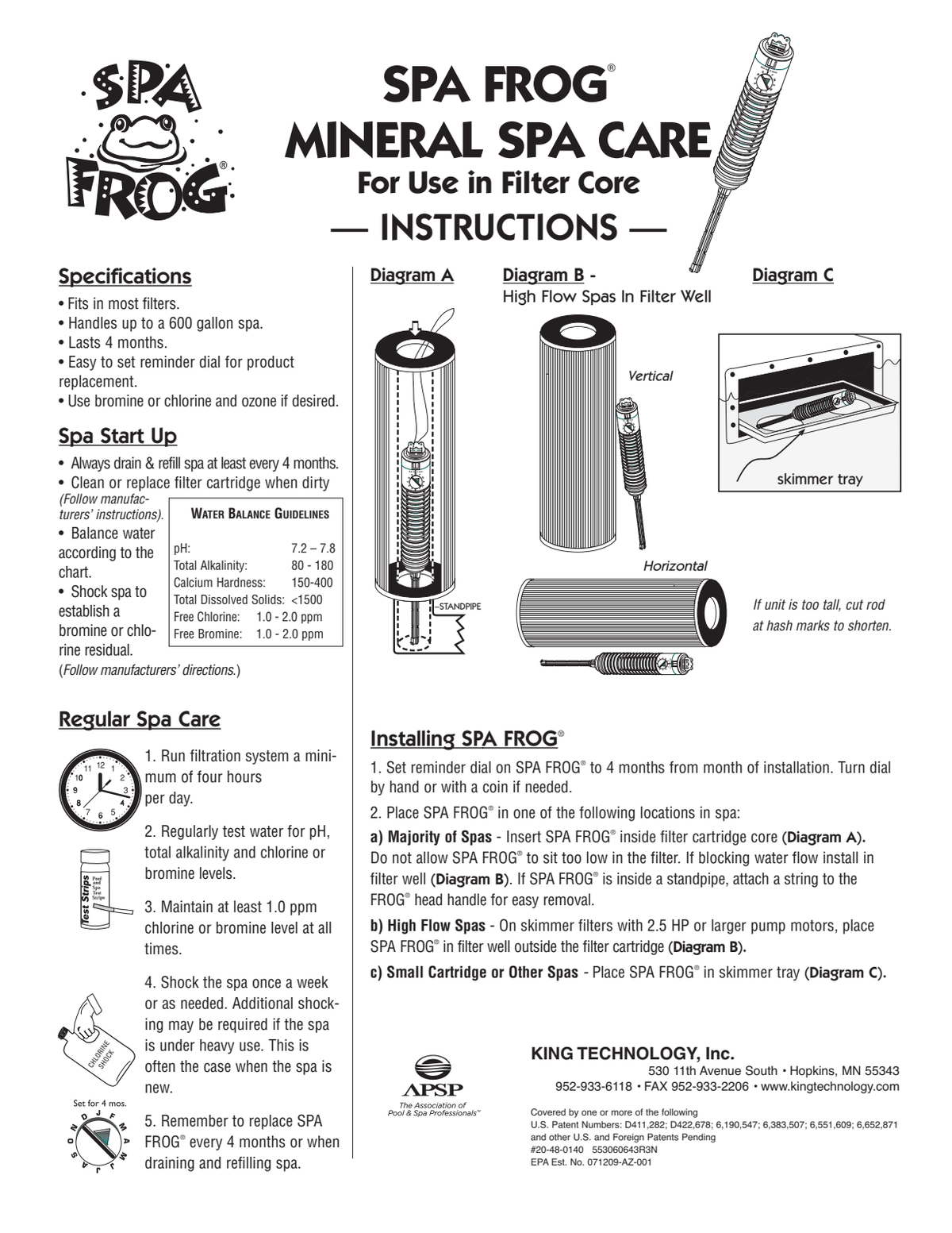 SPA FROG mineral cartridge manufacturer filter-core and skimmer placement illustrations