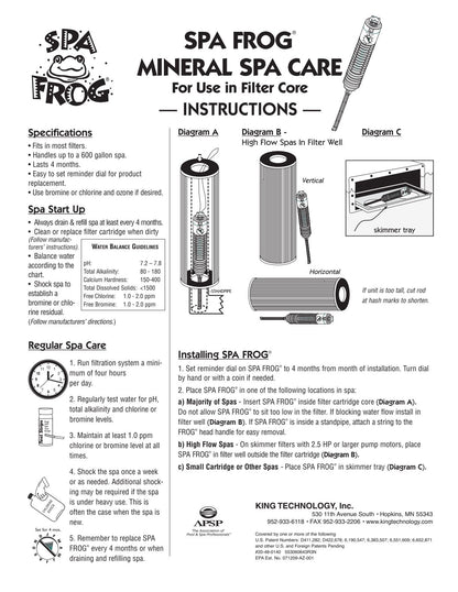 SPA FROG mineral cartridge manufacturer filter-core and skimmer placement illustrations
