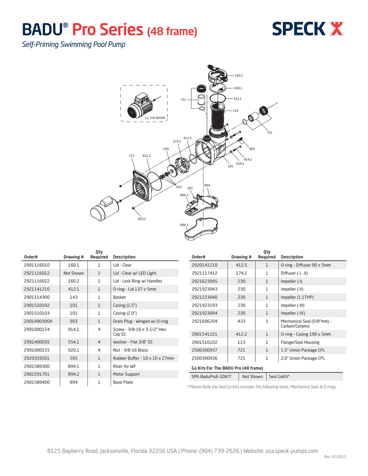 Speck BADU Pro 48-frame pump exploded assembly including 1.1 THP motor