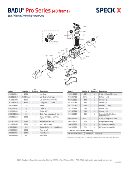 Speck BADU Pro 48-frame pump exploded assembly including 1.1 THP motor
