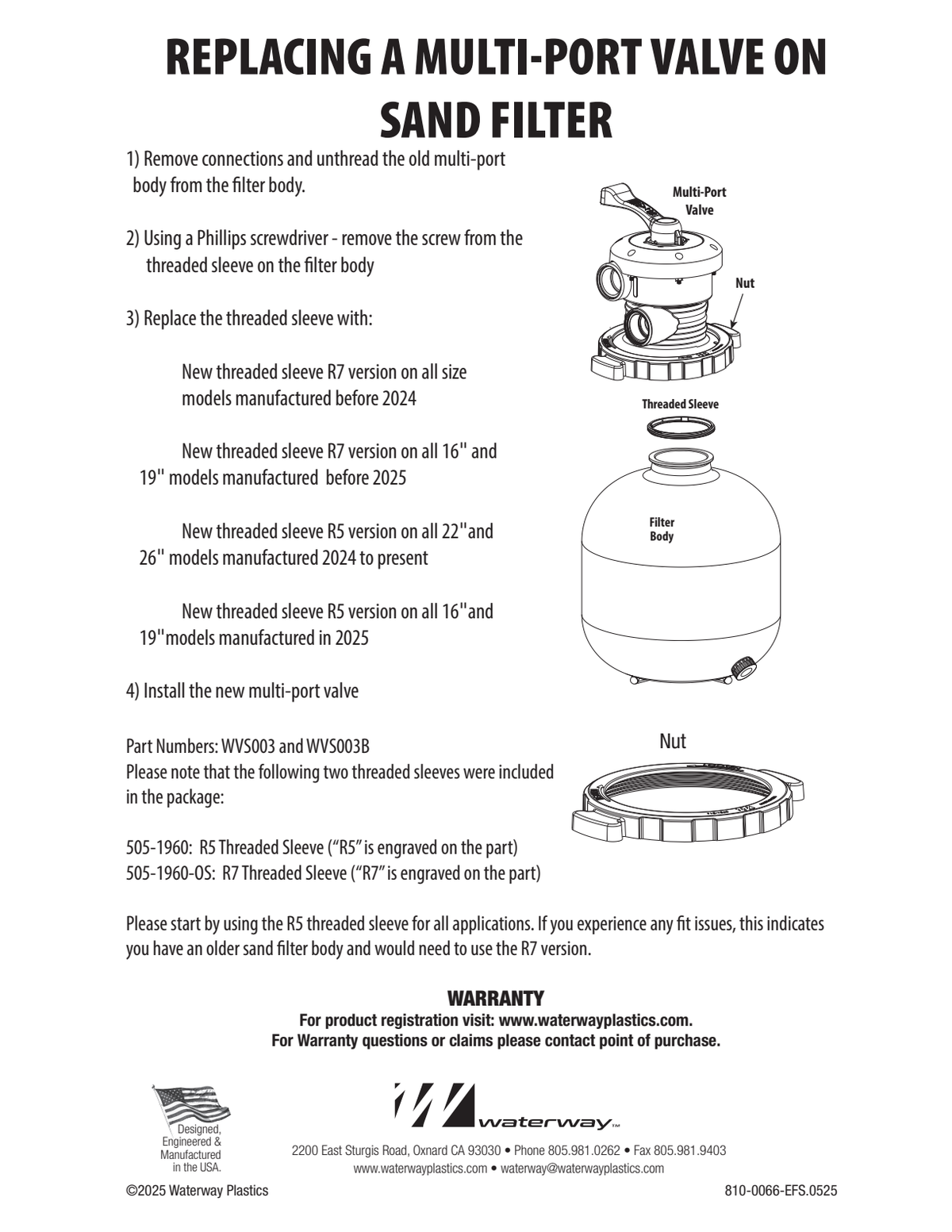 Waterway top-mount sand filter valve-to-tank assembly and threaded sleeve compatibility diagram