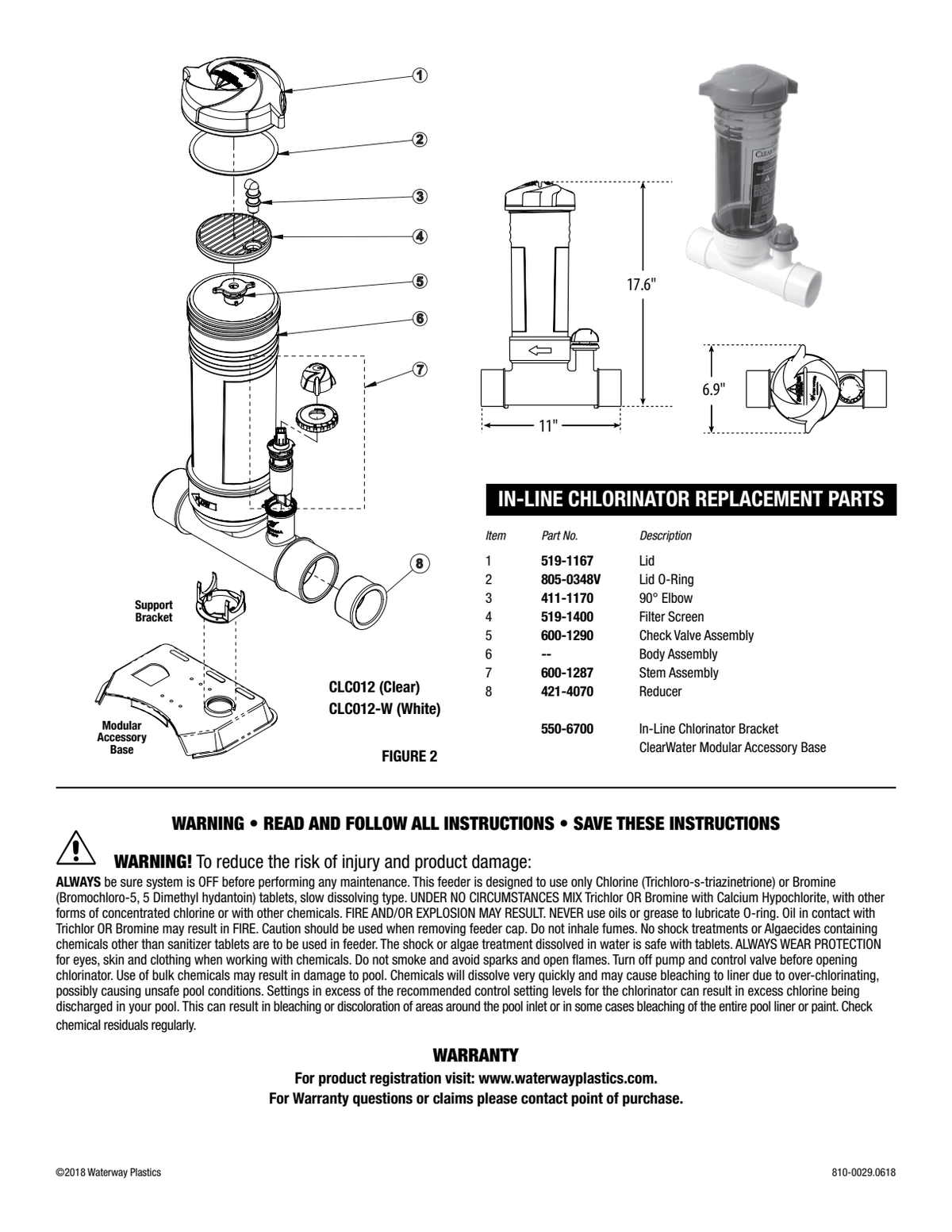Waterway ClearWater CLC012 and CLC012-W twelve-tablet chlorinator dimensions and exploded assembly