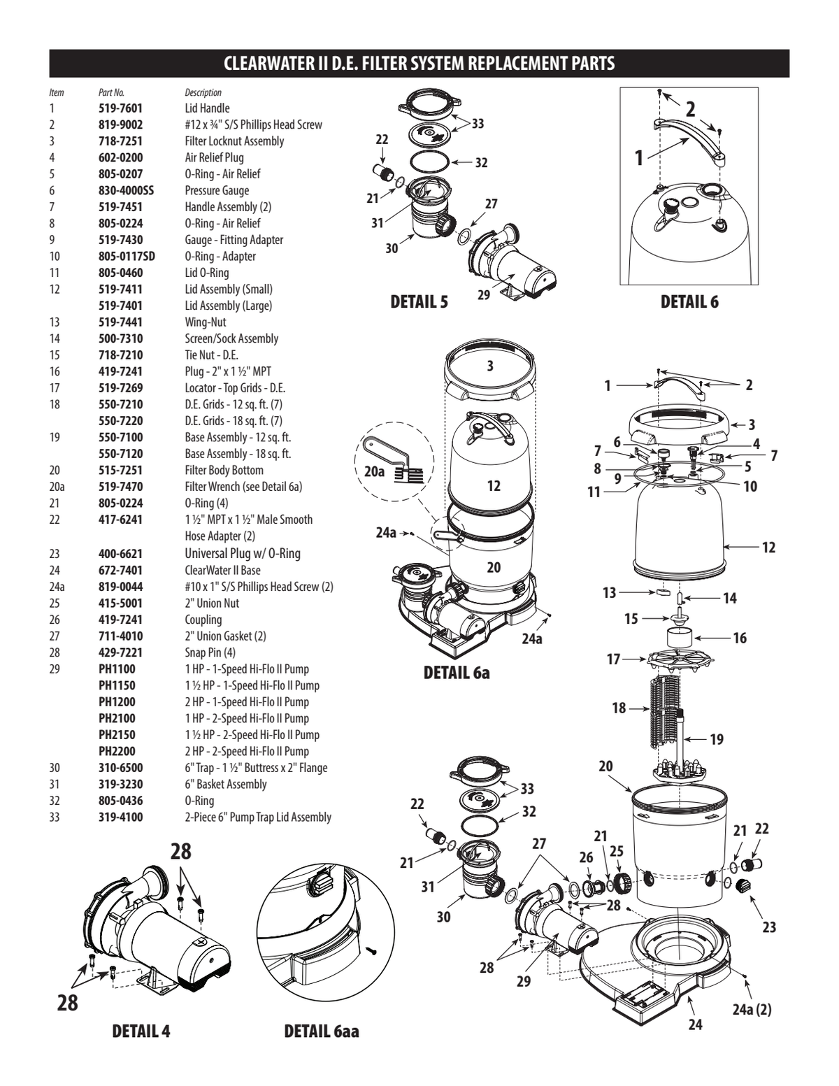 Waterway ClearWater II DE filter and pump system exploded assembly