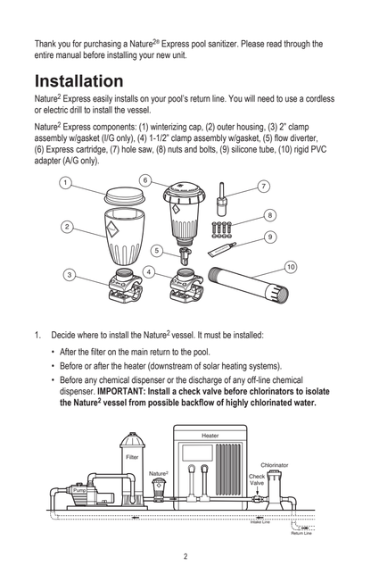 Nature2 Express vessel components and plumbing installation diagram