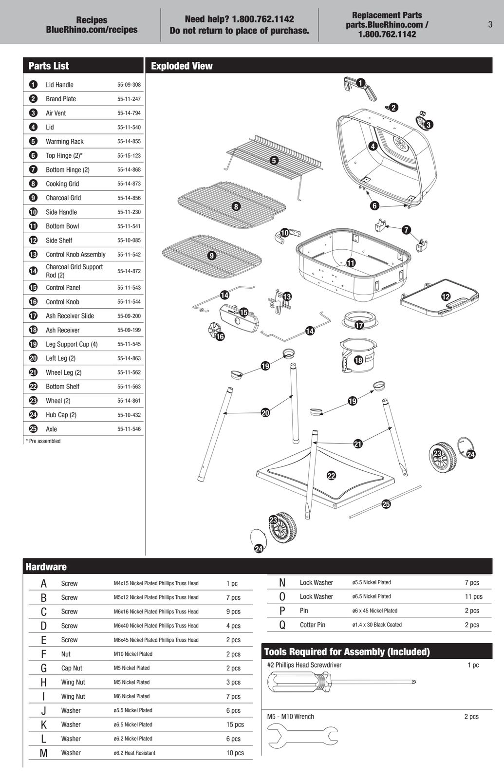 UniFlame CBC1232SP-series charcoal grill exploded assembly and components