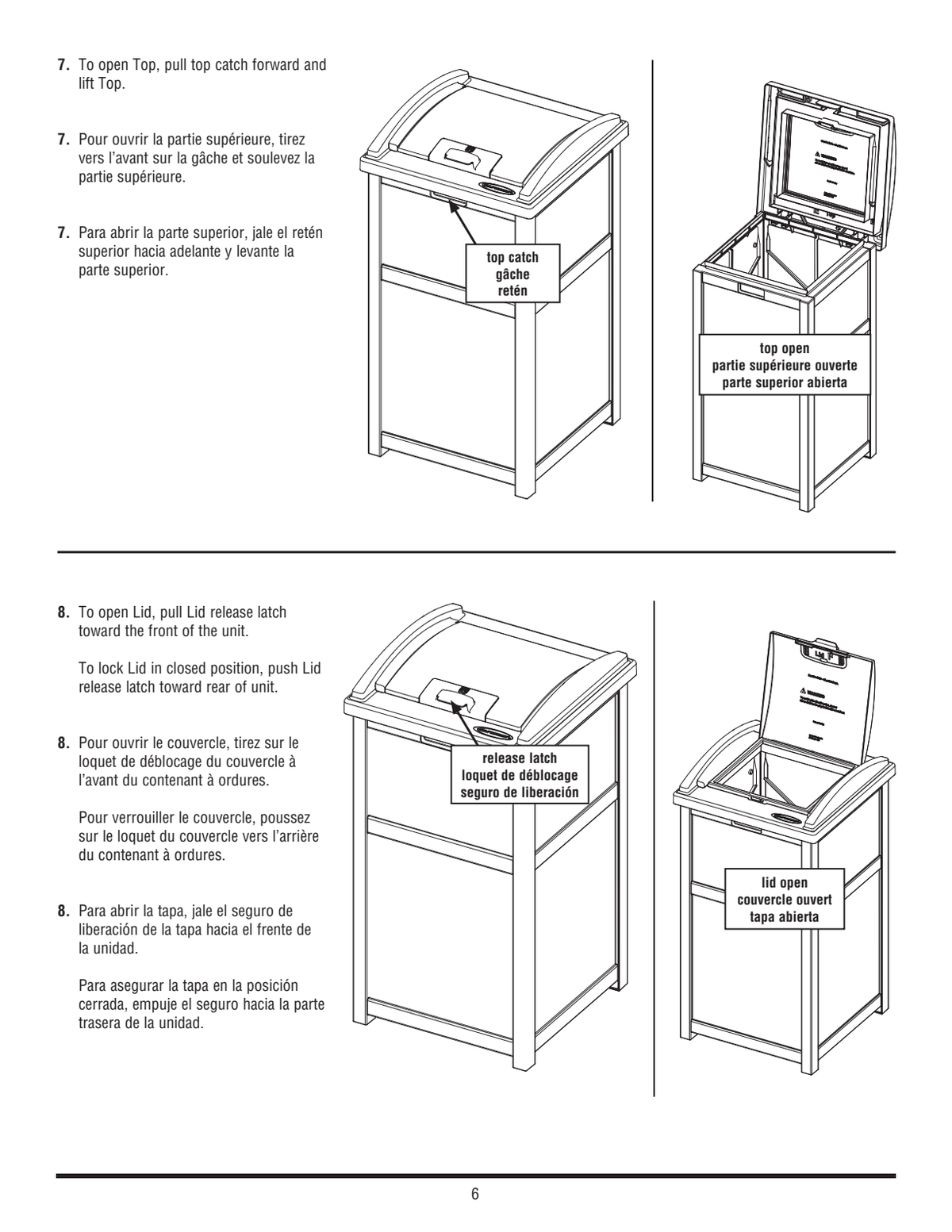 Suncast GH1732 Trash Hideaway lid opening and garbage-bag installation views
