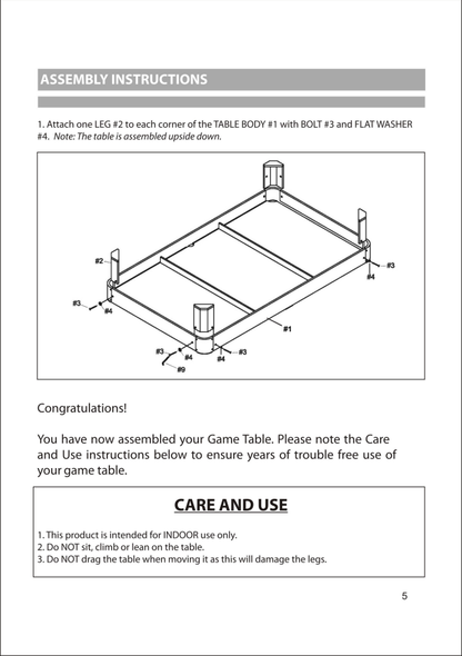 Sharp Shooter NG1012T tabletop pool table manufacturer underside and leg attachment diagram