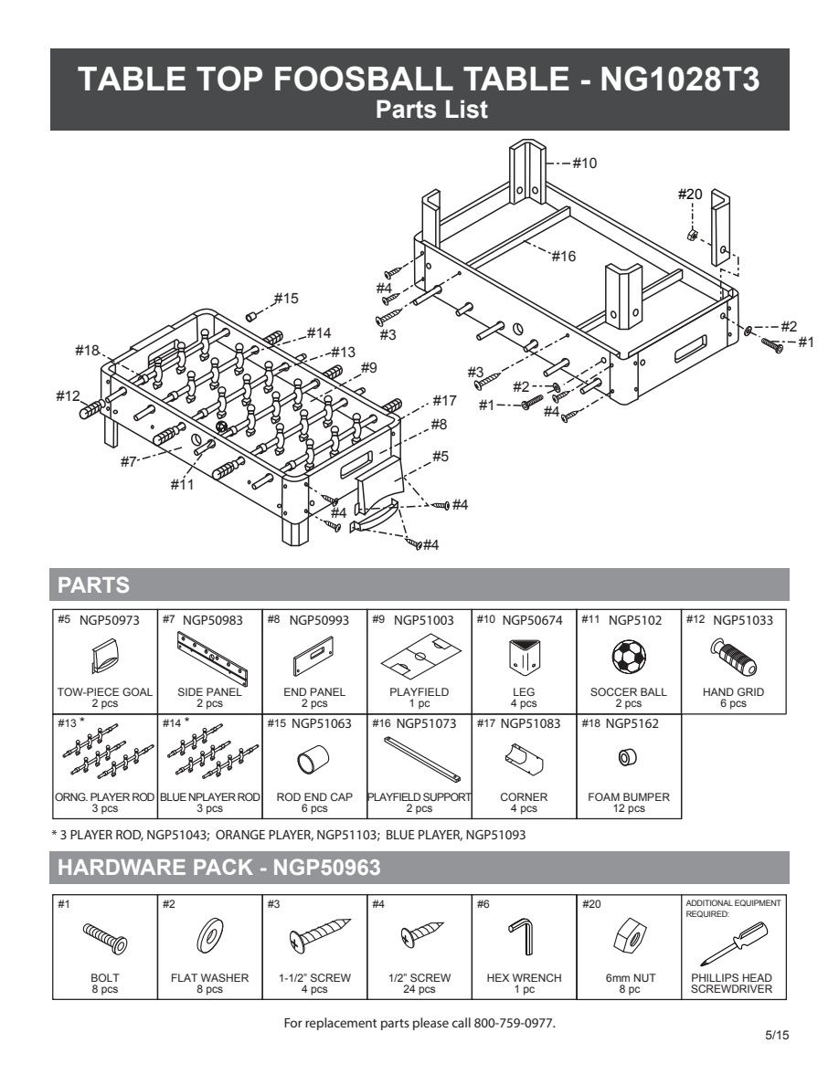 Sidekick NG1028T3 tabletop soccer set exploded assembly and component reference