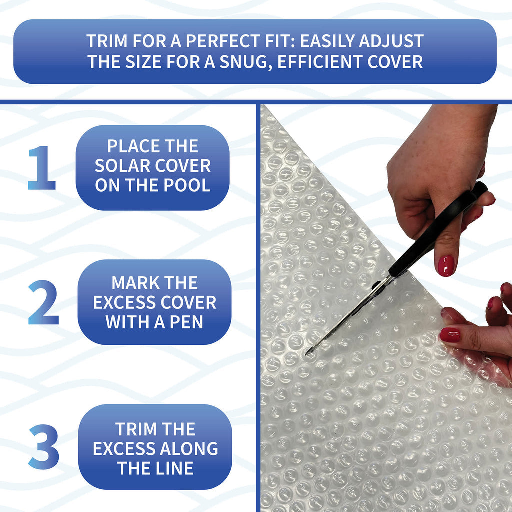 Blue Wave clear solar blanket trim-to-fit instructions and bubble construction detail