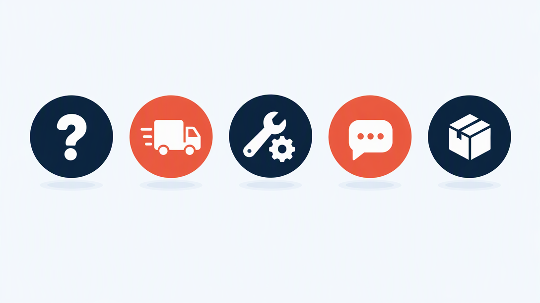 FAQ page banner - question mark, shipping truck, wrench and gear, chat bubble, shipping box
