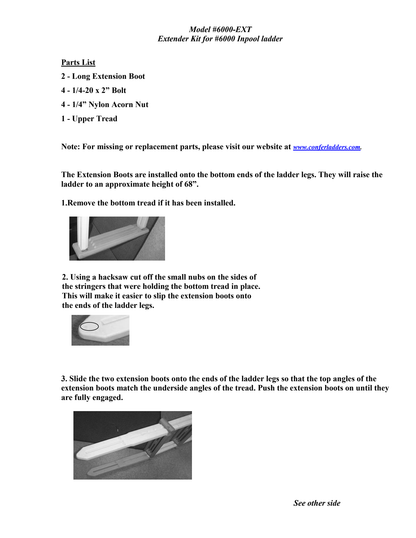 Confer manufacturer 6000-EXT extension-kit installation photo instructions — page 1 of 2; ladder sold separately