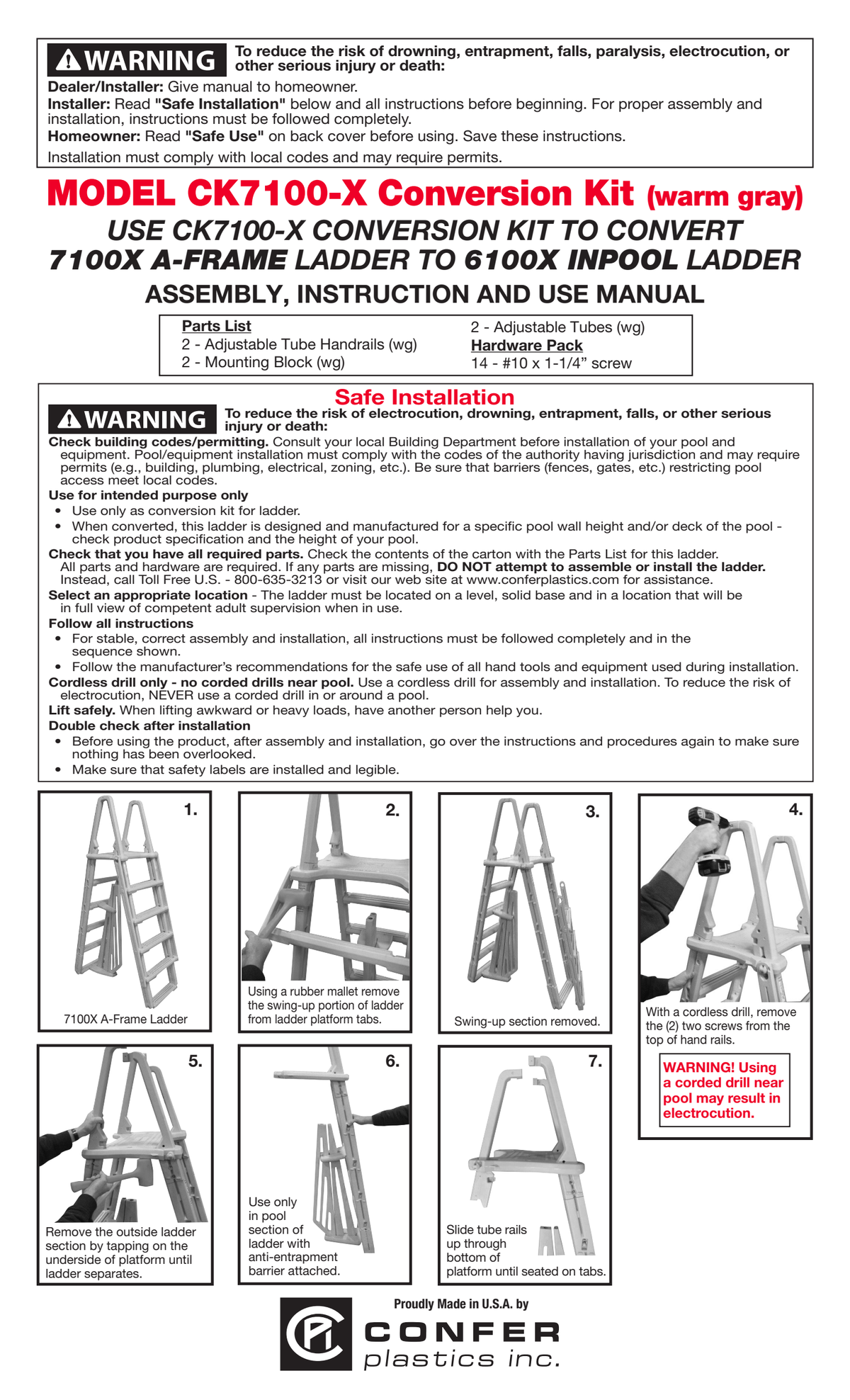 Confer manufacturer CK7100-X conversion-kit assembly photo instructions — page 1 of 2; ladder sold separately