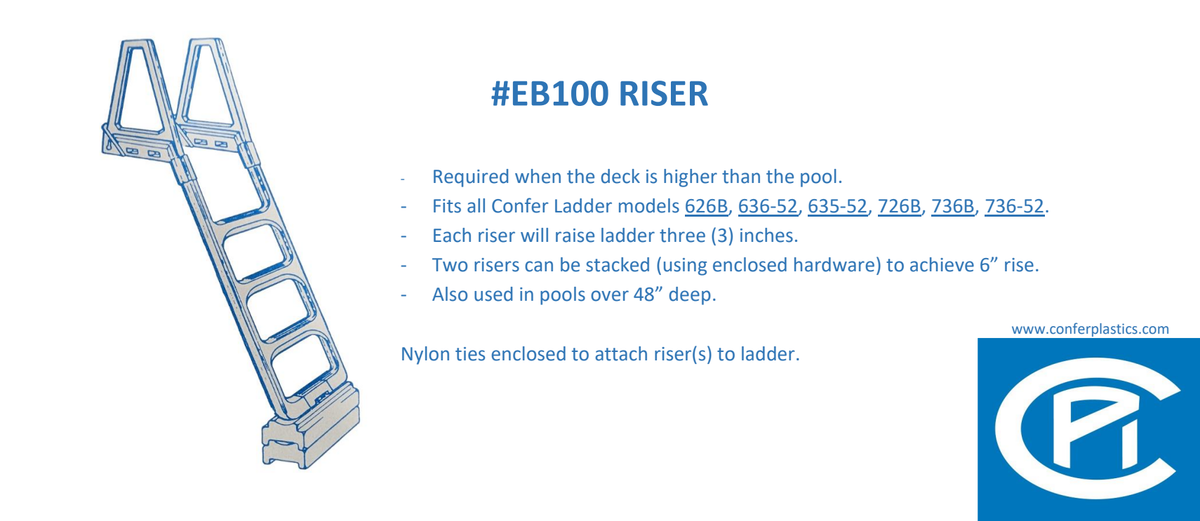 Confer EB100 riser compatibility and three-inch rise illustration; ladder shown for installation context and sold separately