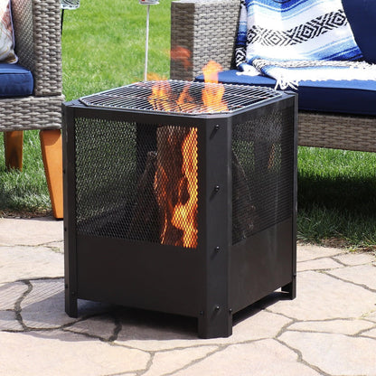 FastFurnishings 16 Inch Small Grelha Square Outdoor Fire Pit with Grilling Grate