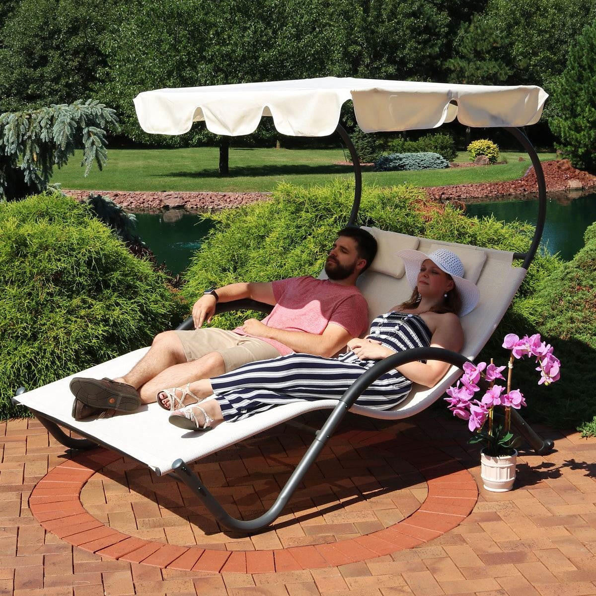 FastFurnishings 2 Person Off White Outdoor Patio Chaise Lounger Chair Canopy Bed with Pillows