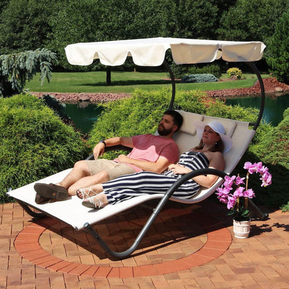 FastFurnishings 2 Person Off White Outdoor Patio Chaise Lounger Chair Canopy Bed with Pillows