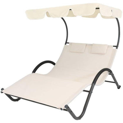 FastFurnishings 2 Person Off White Outdoor Patio Chaise Lounger Chair Canopy Bed with Pillows