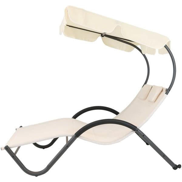 FastFurnishings 2 Person Off White Outdoor Patio Chaise Lounger Chair Canopy Bed with Pillows